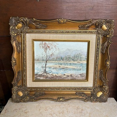 Gold Framed Oil on Board Canvas Signed Painting Australia Landscape Linen Matte