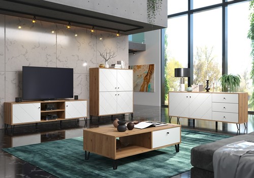Sideboard Eiche Kommode Wohnzimmerschrank Anrichte weiß matt 180 cm Schubladen - Bild 7 von 8