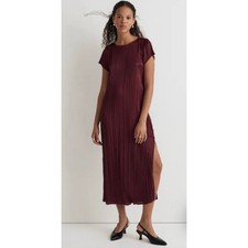 Madewell Short Sleeve Satiny Slip Midi Dress Plisse Mulberry Wine Size XL