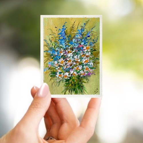 ACEO Original Oil Painting Wildflowers #17 Art Cards Impasto 3.5x2.5in Signed