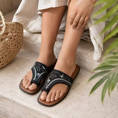G.N.D. Black Embroidered Toe-Loop Slide Sandal