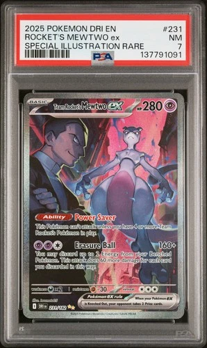 2025 POKEMON DESTINED RIVALS SPECIAL ILLUSTRATION TEAM ROCKET'S MEWTWO EX PSA 7