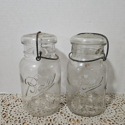 Lot 2 Vintage Mason Quart Jars Glass Lids/Wire Bail(Ball)RUSTIC HOLIDAY DECOR