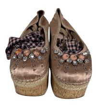Miu Miu Gemstone Embellished Satin Ballet Flatform Pink Women's IT 39 US 8.5