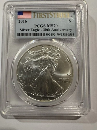 2016 MS 70 Silver Eagle 30th Anniversary First Strike Flag Label PCGS MS70