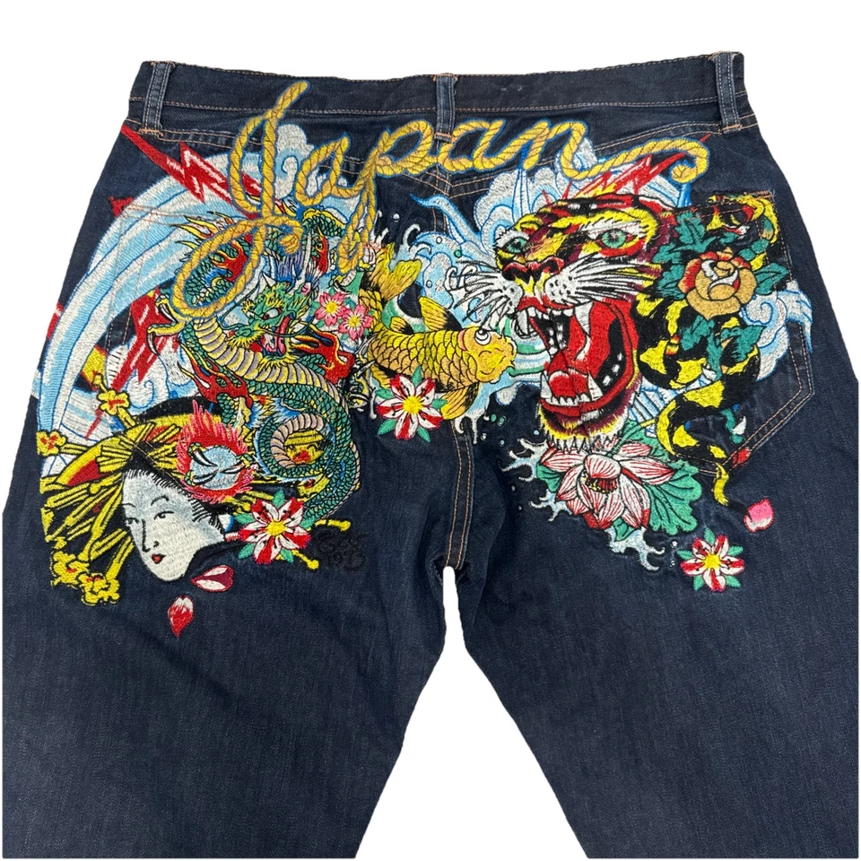 Ed Hardy Japan Dragon Tiger Embroidered Jeans 38x34 Denim by Christian Audigier - Image 2 of 4