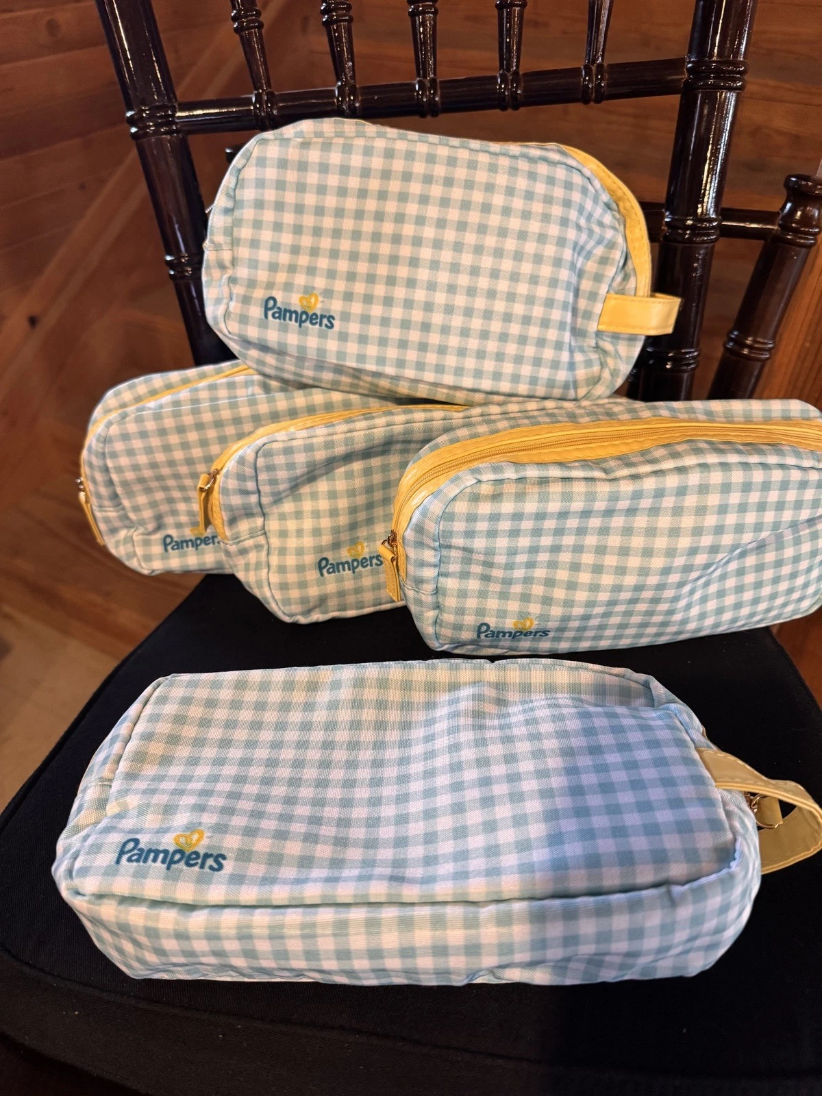 5 Pampers Plaid Travel Pouches Blue/Yellow Holds Diapers Wipes Etc. Zip Up small