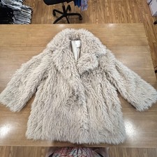 H&M Faux Fur Coat Womens Small Beige Shaggy M...