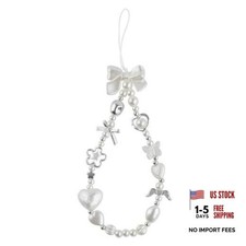 White Pearls Bow Beaded Phone Charm Keychains for Women Pearl Phone Chain Key