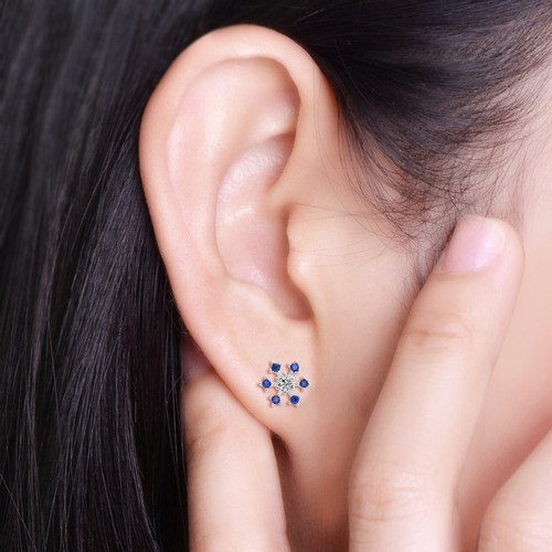 Women 925 Sterling Silver Plated Crystal Rhinestone Ear Stud Earrings Blue - Picture 8 of 8