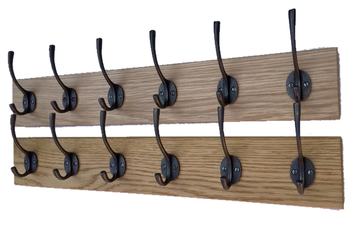 Antique Coat Rack Industrial Cast Iron Hooks Solid Oak Wood