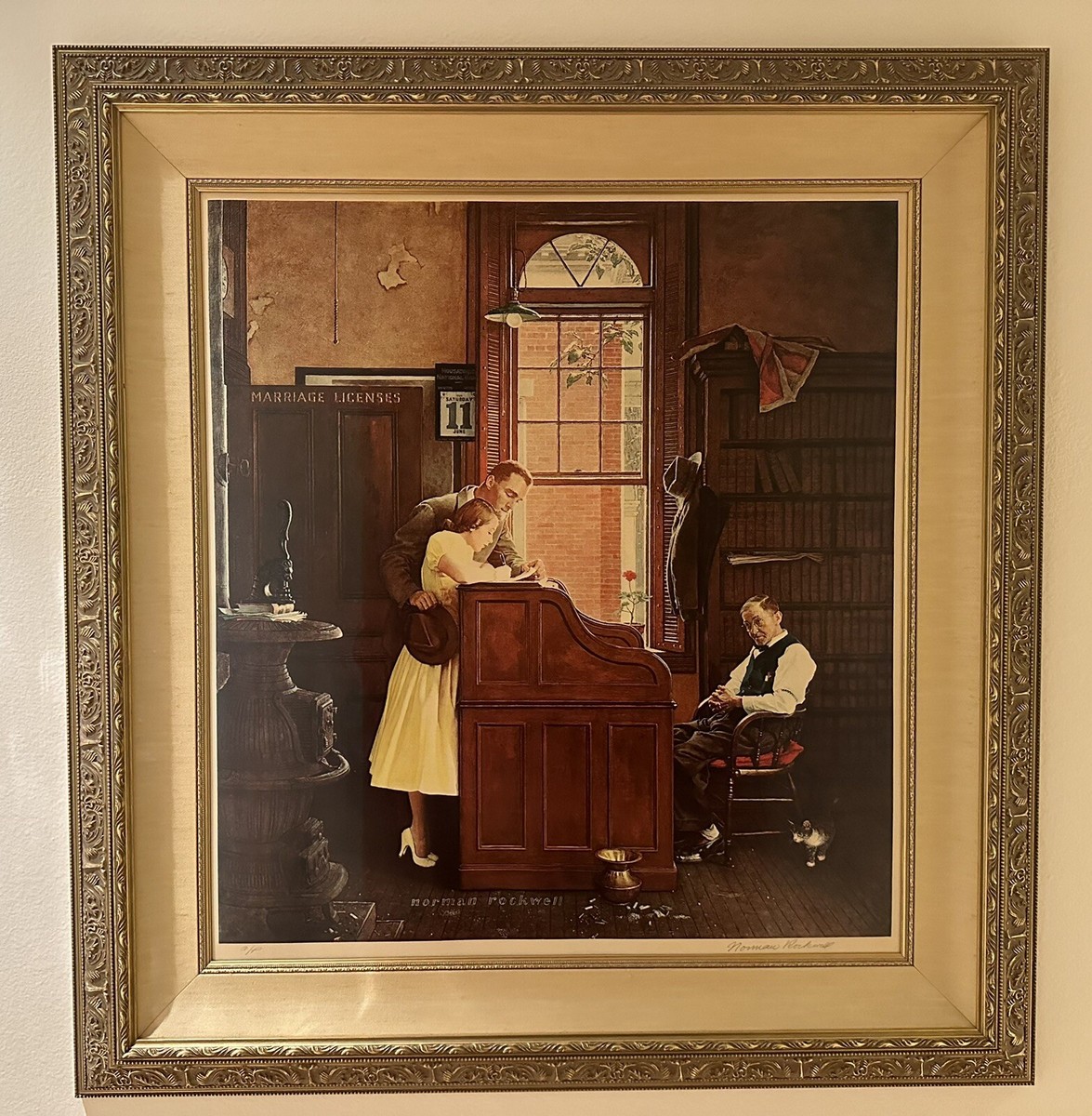 Art déco lithograph 直筆サインあり Norman Rockwell 'Marriage license' 1955 Original Signed, Litho