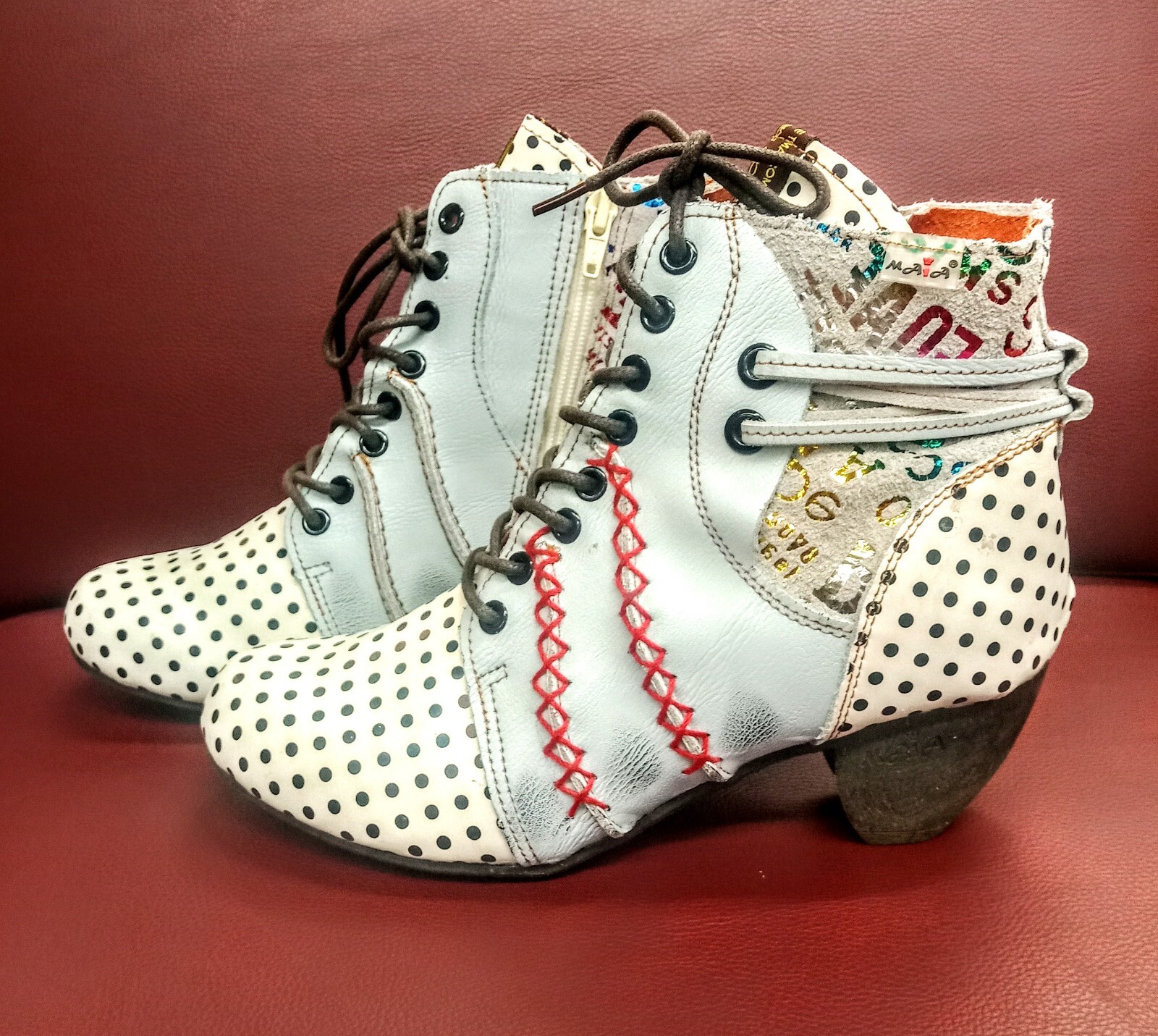 MIA  Eyes Women's Ankle Bootie Polka Dot Leather 8.5 Blk  @White@Hand Stitching 