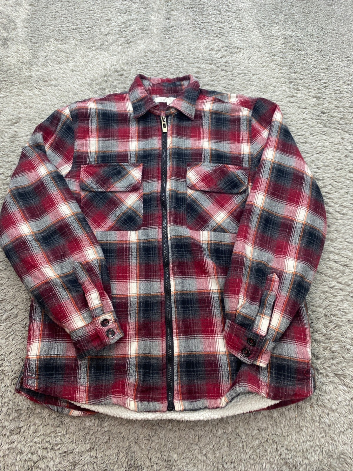 Men's Medium Red Plaid Sherpa-Lined Zip-Up Flannel Shacket Coat