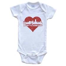 Retro San Francisco California Skyline Red Heart One Piece Baby Bodysuit