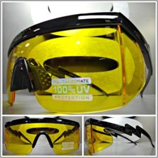 CLASSIC VINTAGE 90's RETRO SPORTY WRAP Style SUN GLASSES Black Frame Yellow Lens