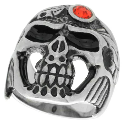 Acier Inoxydable Gothique Motard Crâne Bague W / Rouge Pierre Zircon Orné Casque - Photo 1/2