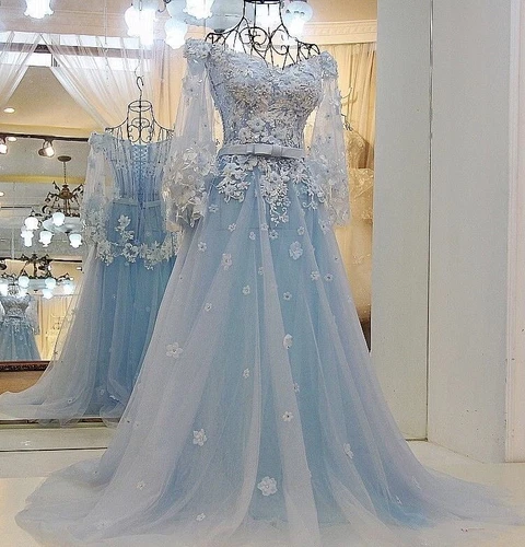 Princess Sky Blue Wedding Dresses with Half Sleeves Cape Lace Appliques Bridal - Picture 1 of 9