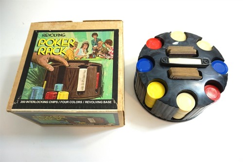 VINTAGE PLEASANTIME REVOLVING GRAY SWIRL POKER RACK WITH CHIPS AND ORIGINAL BOX 