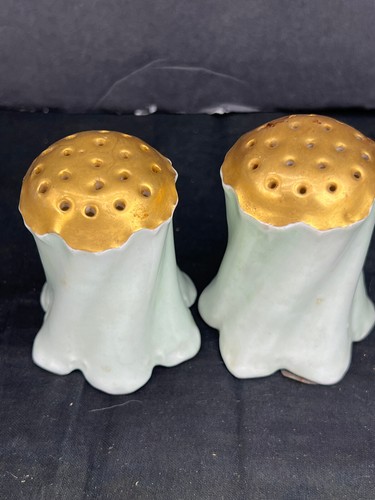 Salt & Pepper Shaker turquoise Ceramic 24K gold glazed top 3" tall MCM pair - Picture 4 of 7