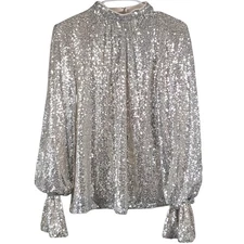 Bold Elements Blouse Women's Size Medium Champagne Sequin Party Lined Open Back