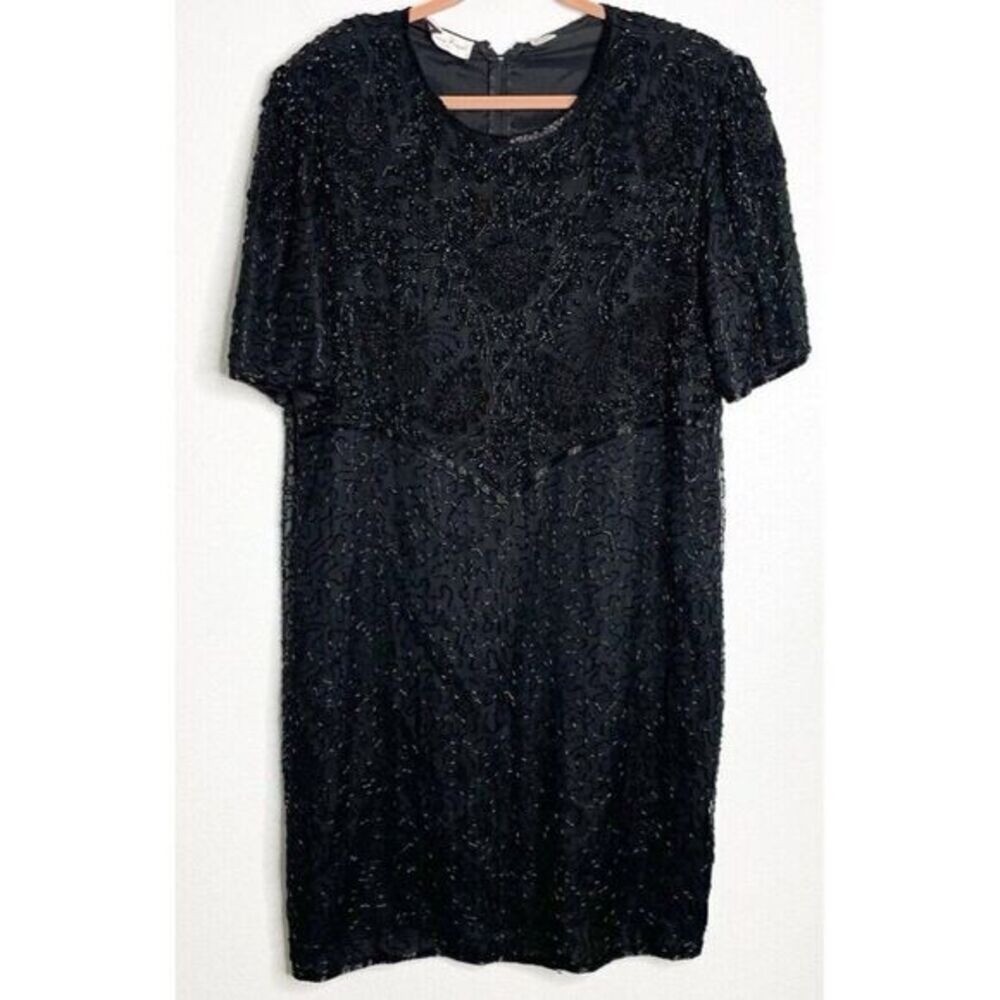 Vintage 90s Laurence Kazar Black Cocktail Dress Size 2X Black Sequin Beaded Silk