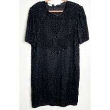 Vintage 90s Laurence Kazar Black Cocktail Dress Size 2X Black Sequin Beaded Silk