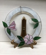 VTG Floral Stained Slag Glass Circular SunCatcher Pink Green Signed  Sirius  