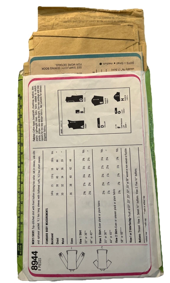 1979 Button Front Dress Shirt Pattern 8944 Size 38 Short Long Sleeve UNCUT - Image 2 of 2