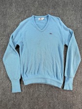 Vintage Izod Lacoste Sweater Mens Medium Blue V Neck Knit Pullover Croc Logo 80s
