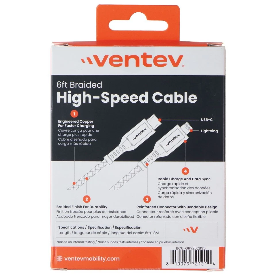 Ventev (6-Foot) USB-C to 8-Pin Braided High-Speed Cable - Black/Gray - Image 2 of 2