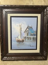 "Moored Boat And Pier Scene" Oil Painting - Signed And Framed