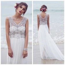 Sparkly Boho Beach Wedding Dress Chiffon Beaded Crystal White Ivory Bridal Gowns