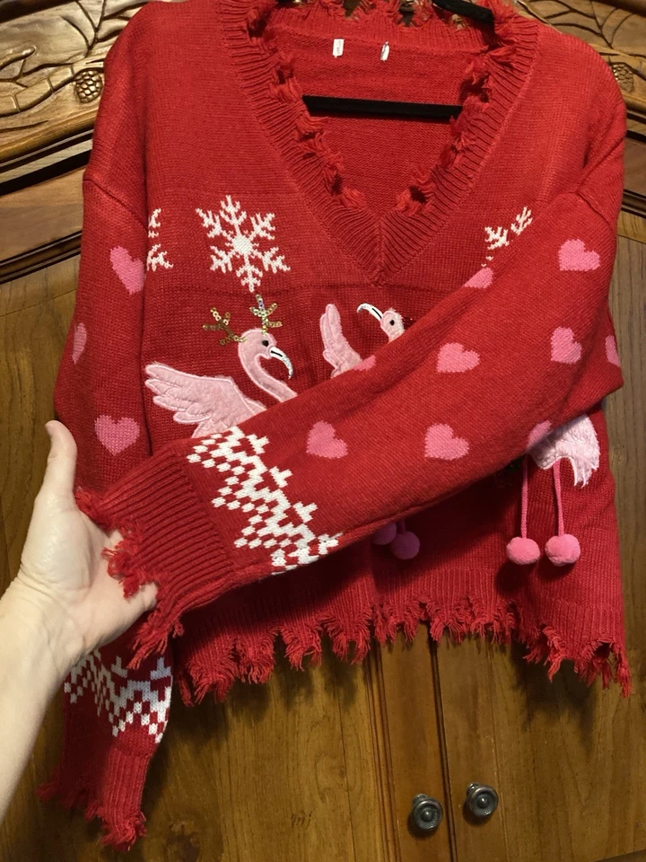 Suéter Feo Navidad Recortado Flamenco Copos de Nieve Mujer Tejido Multicolor L Foto 2 de 4