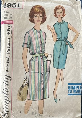 FAB VTG Simplicity 4951 One-Piece Easy To Make Sewing DRESS Pattern Size 14.
