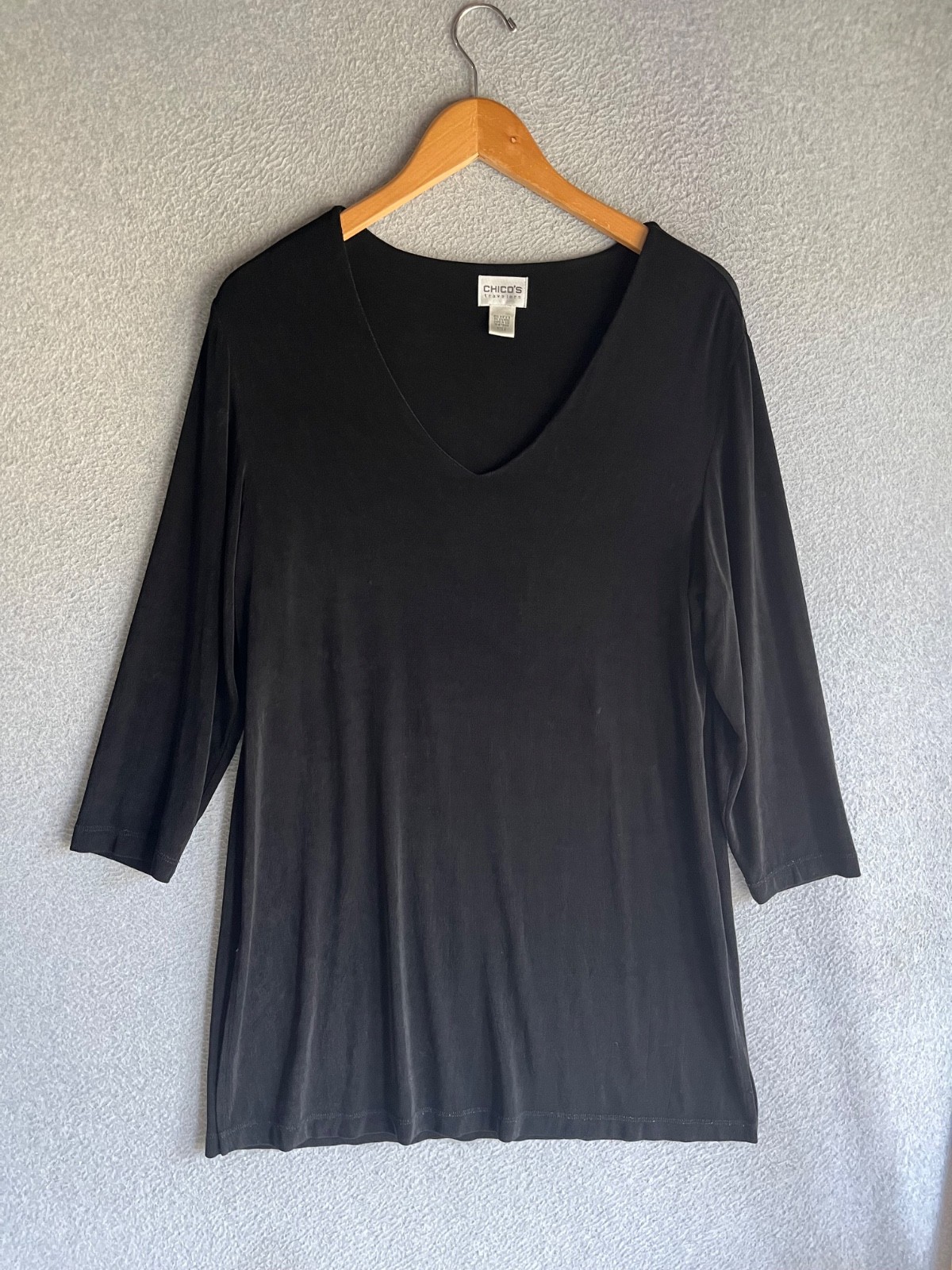 Chicos Travelers Top Womens 2 Black Slinky Knit Minimalist Tunic Basic Essential