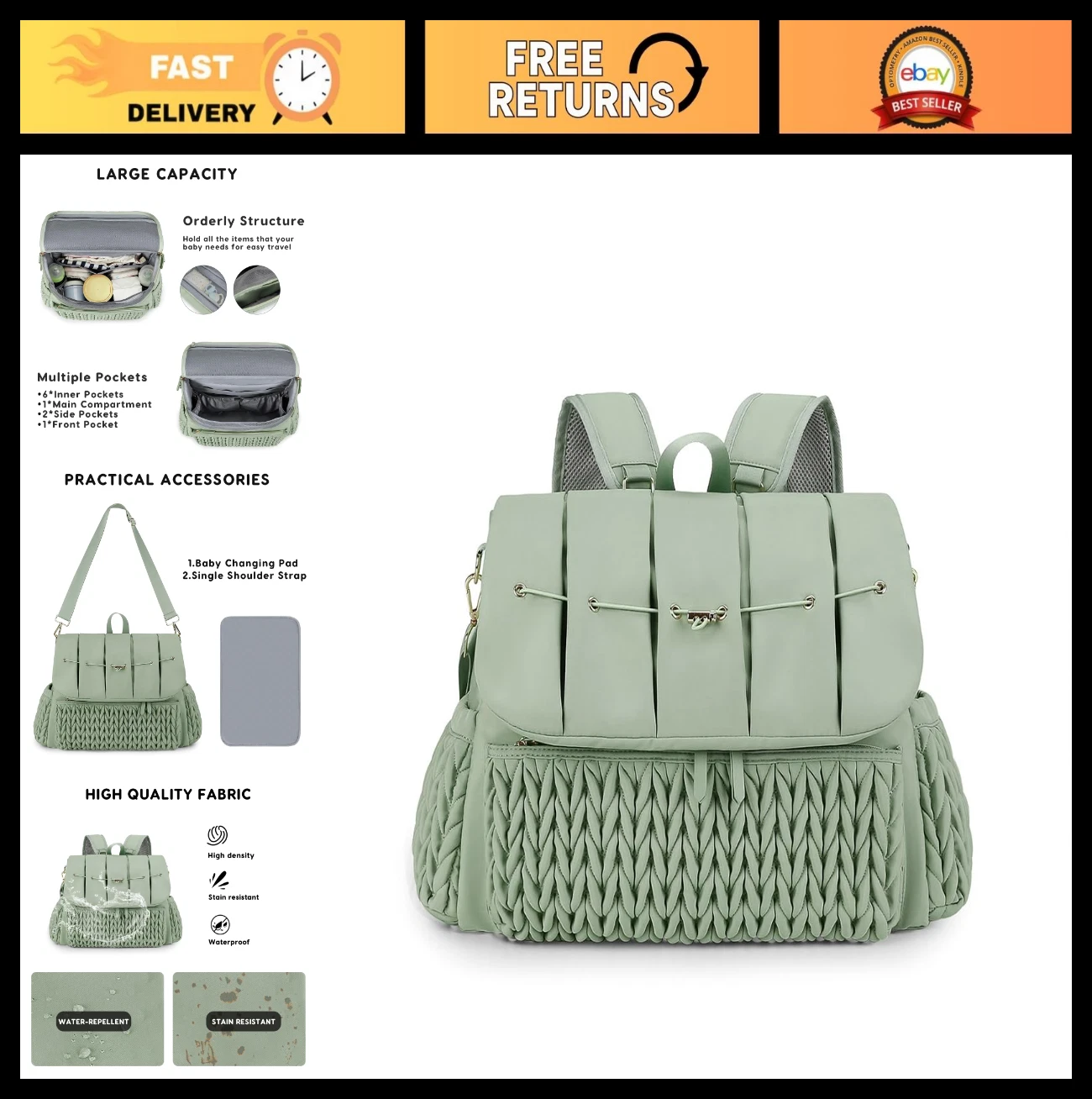 Waterproof Convertible Diaper Bag Backpack, Travel Nappy Changing Bag with Pad &