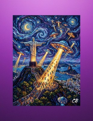 UFO Fleet Over Christ the Redeemer | ACEO Art Card | UAP Abduction | Van Gogh