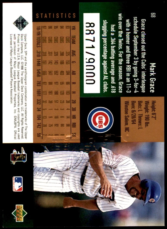 Mark Grace 1998 SPx Finite #68 Chicago Cubs MLB READ FREE SHIPPING AutographDen - Image 2 of 2