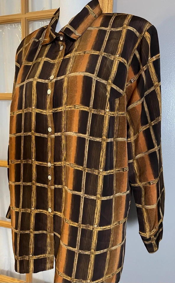Camisa de satén a cuadros CCC años 80 20 W abotonada beige naranja manga larga carrera hecha en EE. UU. Foto 2 de 4