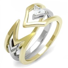 Women's Ring Set, Clear CZ, 14K Gold Plated, Stainless Steel, Stacking, Two-Tone