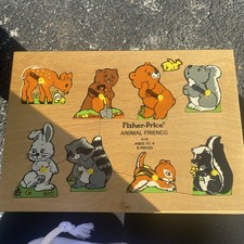 Vintage 70s Fisher Price Wooden Peg Puzzle Animal Friends