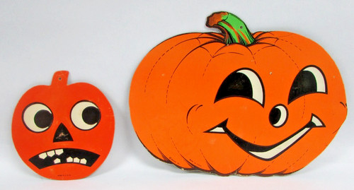 2 Pumpkin Jack O Lantern Cardboard Decorations 1 Beistle Both USA Vintage