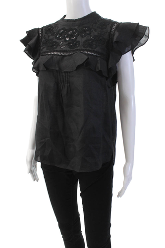 Blusa donna Veronica Barba girocollo con volant ricami floreali blu taglia 4 - Foto 2 di 6