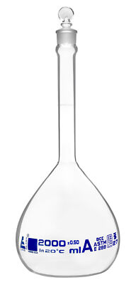 Eisco Labs 2000ml Volumetric Flask with Glass Stopper, Class A - Blue Graduation
