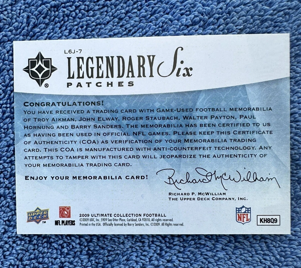 2009 Ultimate Legendary Six Patch Card Staubach Payton Sanders Aikman Elway /15 - Image 3 of 4