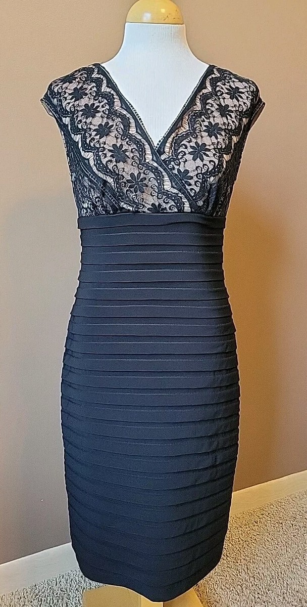 Adrianna Papell | Size 10 | Black Lace Banded Tiered Knee Length Cocktail  Dress