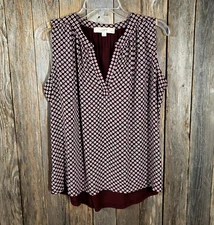 Loft MP PM Top Blouse Burgundy Sleeveless Career Mod Flowy Coastal Preppy Retro