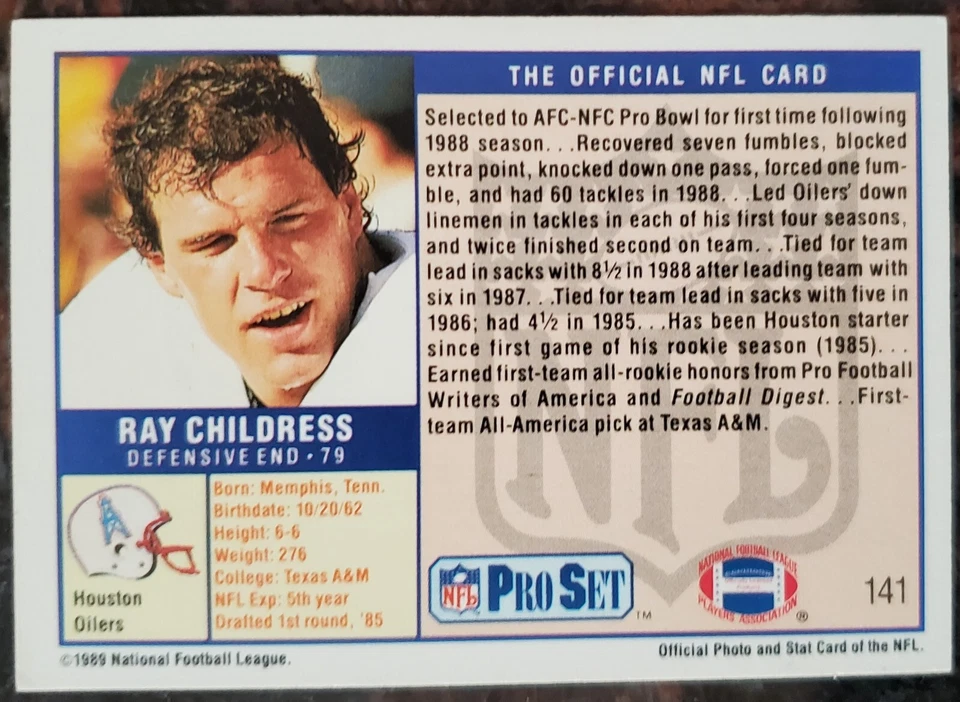 Tarjeta autógrafa Ray Childress 1991 Pro Set #141 NFL Houston Oilers Foto 2 de 4
