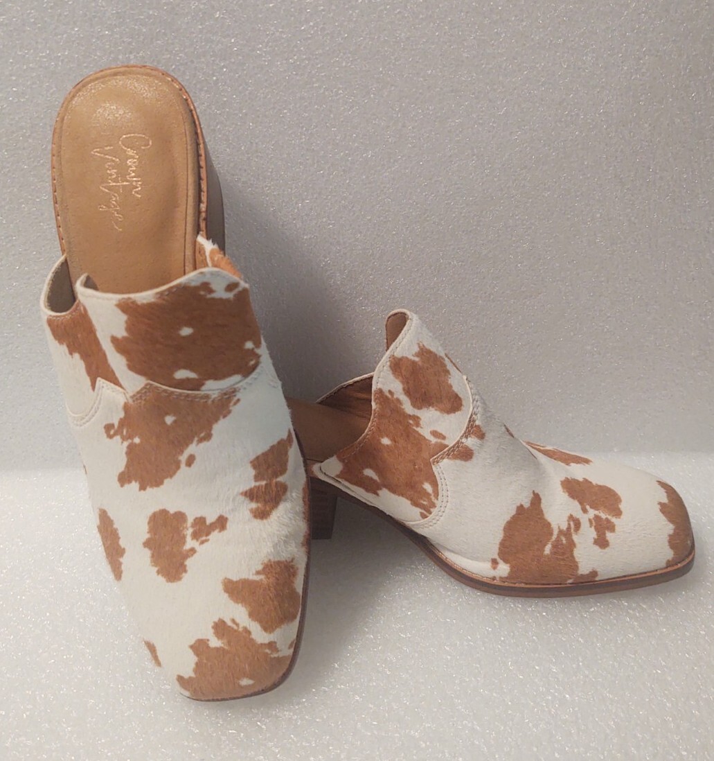 New Womens Crown Animal Cow Fur Print Leather Mule Heels Size 7M